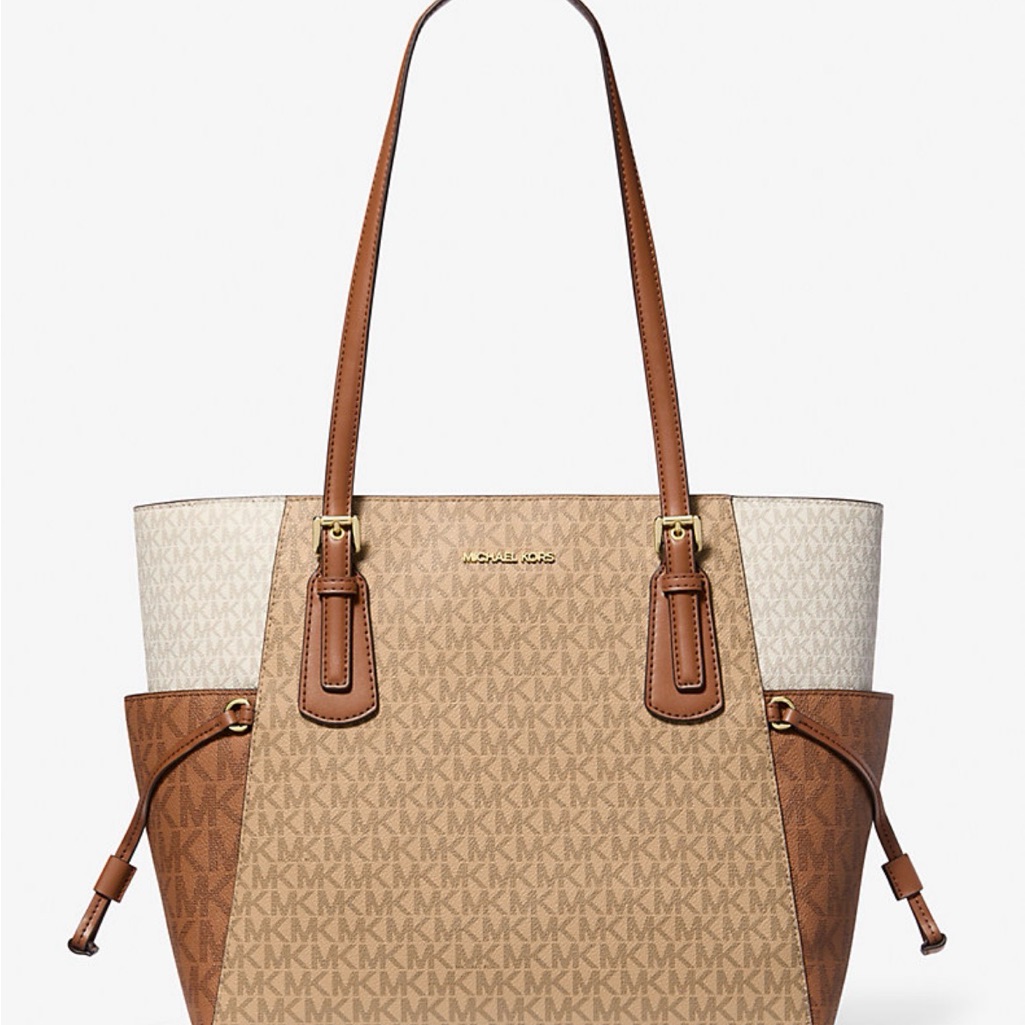 Michael Kors Tan And Cream Signature Voyager Large Signature Bag